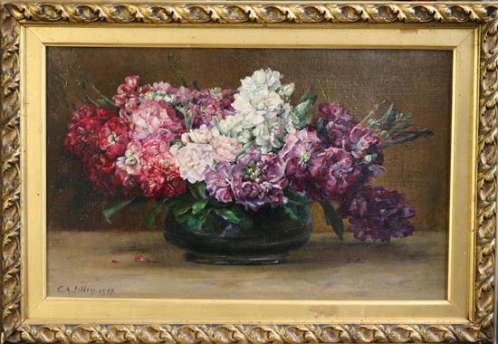 Catherine A. Lilley (Exh. 1887-1910) Still life of stocks in a glass vase 10 x 16in.